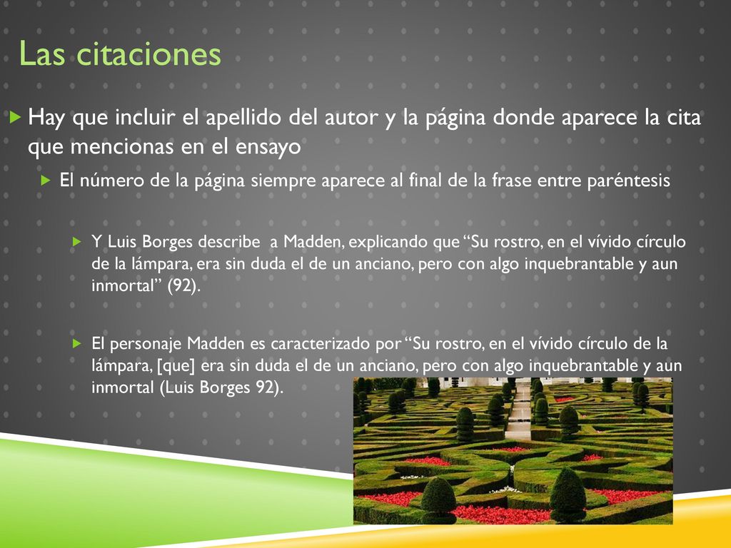 Las citaciones Hay que incluir el apellido del autor y la página donde aparece la cita que mencionas en el ensayo.