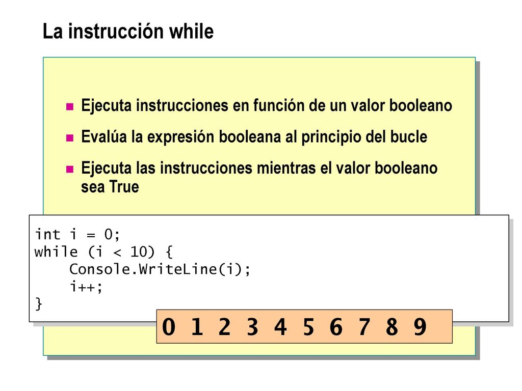La instrucción while Ejecuta instrucciones en función de un valor booleano. Evalúa la expresión booleana al principio del bucle.