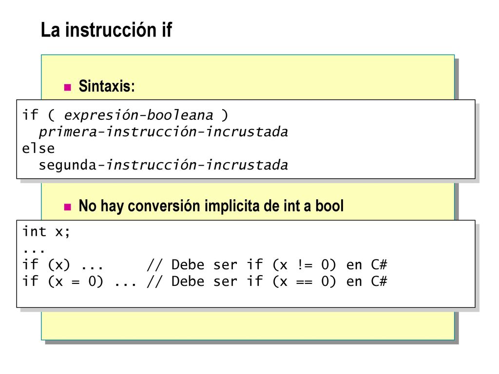 La instrucción if Sintaxis: No hay conversión implicita de int a bool