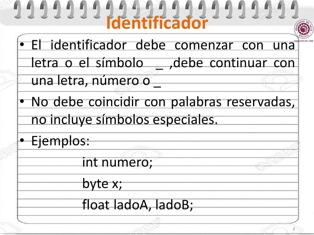 Identificador El identificador debe comenzar con una letra o el símbolo _ ,debe continuar con una letra, número o _.