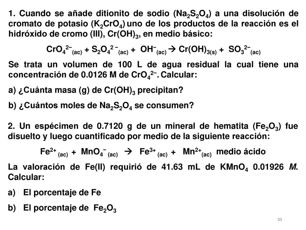 CrO42−(ac) + S2O42 −(ac) + OH−(ac)  Cr(OH)3(s) + SO32−(ac)