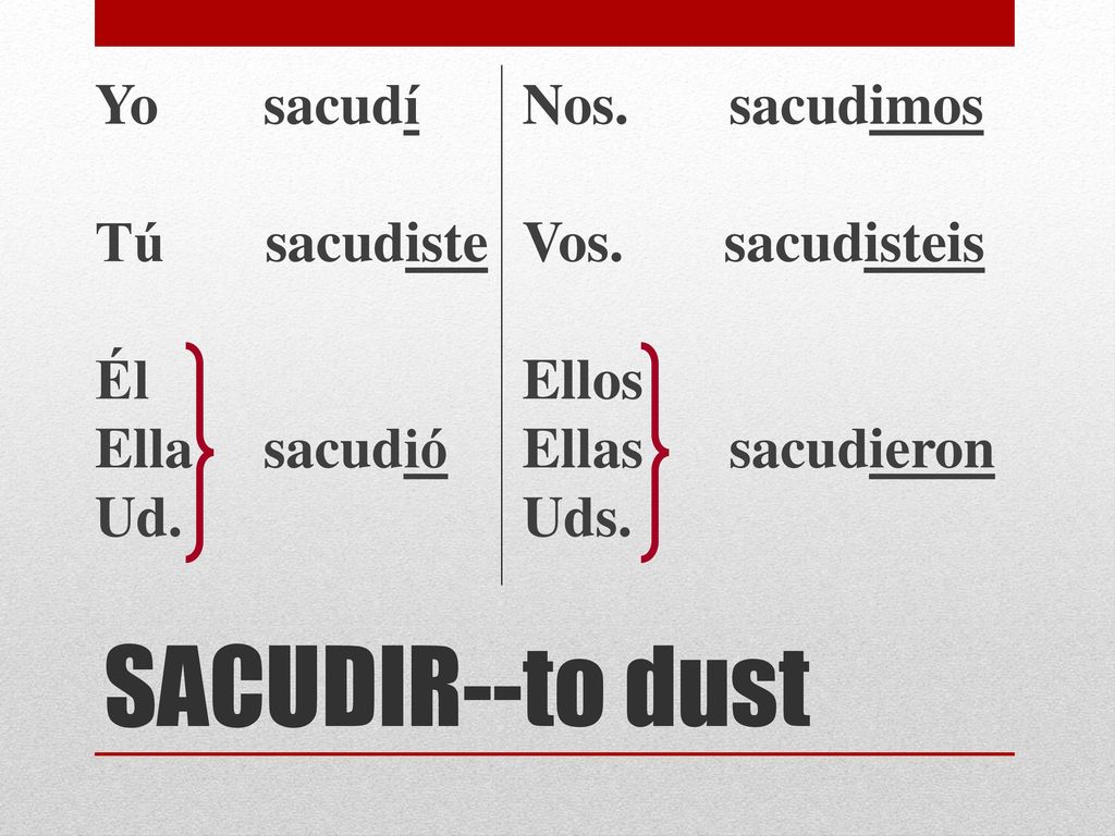 SACUDIR--to dust Yo sacudí Tú sacudiste Él Ella sacudió Ud.