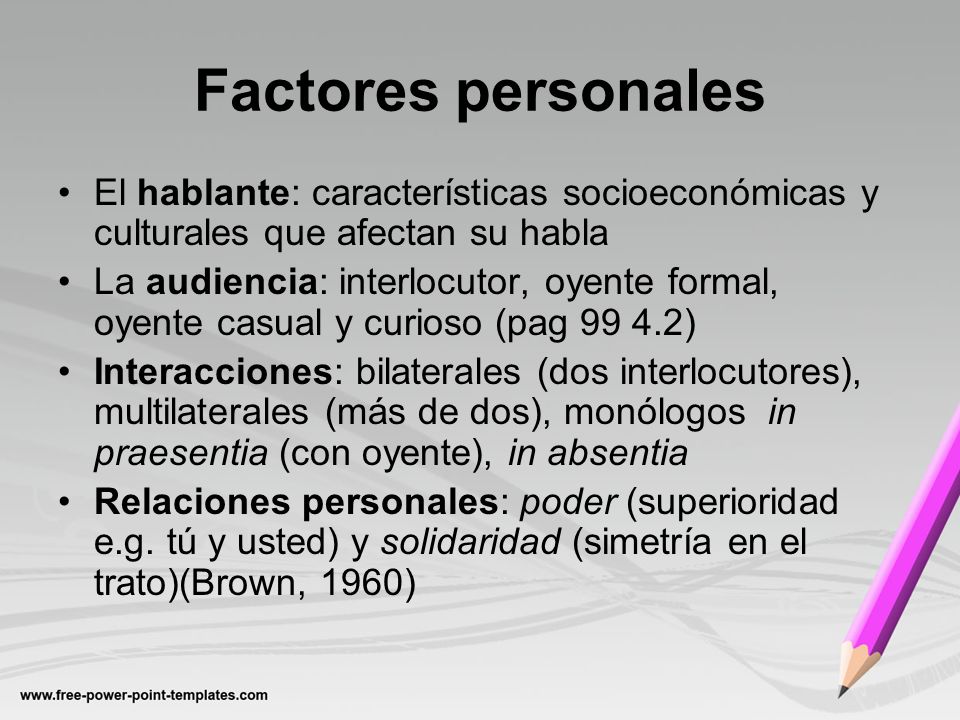 Factores personales El hablante: características socioeconómicas y culturales que afectan su habla.