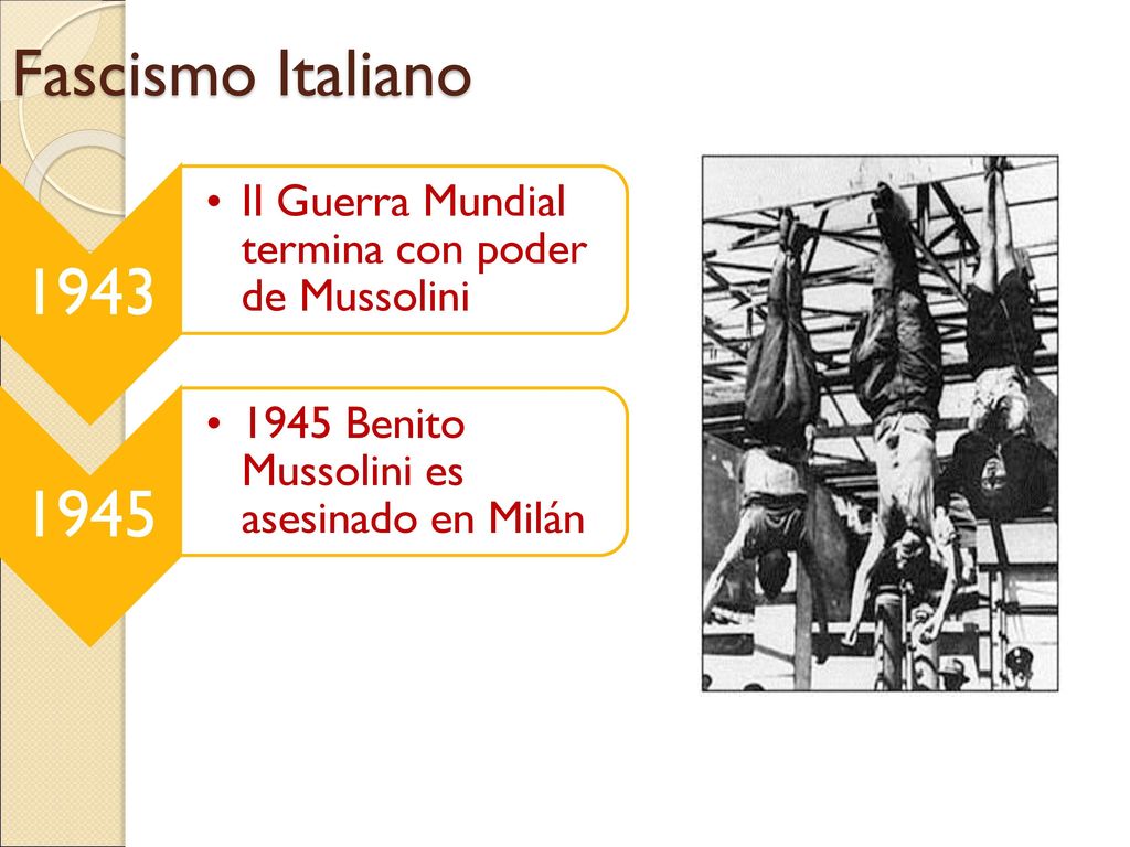 Fascismo Italiano II Guerra Mundial termina con poder de Mussolini.
