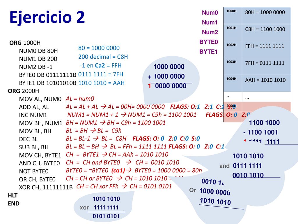 Ejercicio 2 ORG 1000H NUM0 DB 80H NUM1 DB 200 NUM2 DB -1
