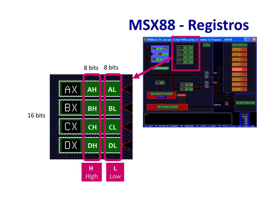 MSX88 - Registros AH AL BH BL CH CL DH DL 8 bits 8 bits 16 bits H High