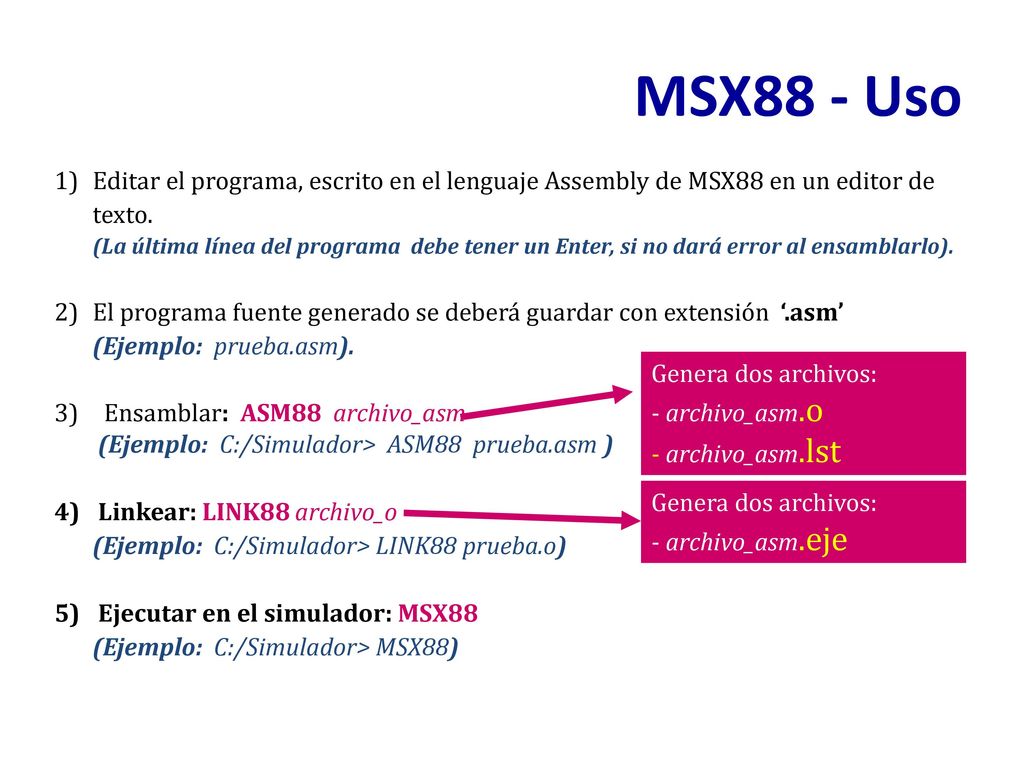 MSX88 - Uso Editar el programa, escrito en el lenguaje Assembly de MSX88 en un editor de texto.