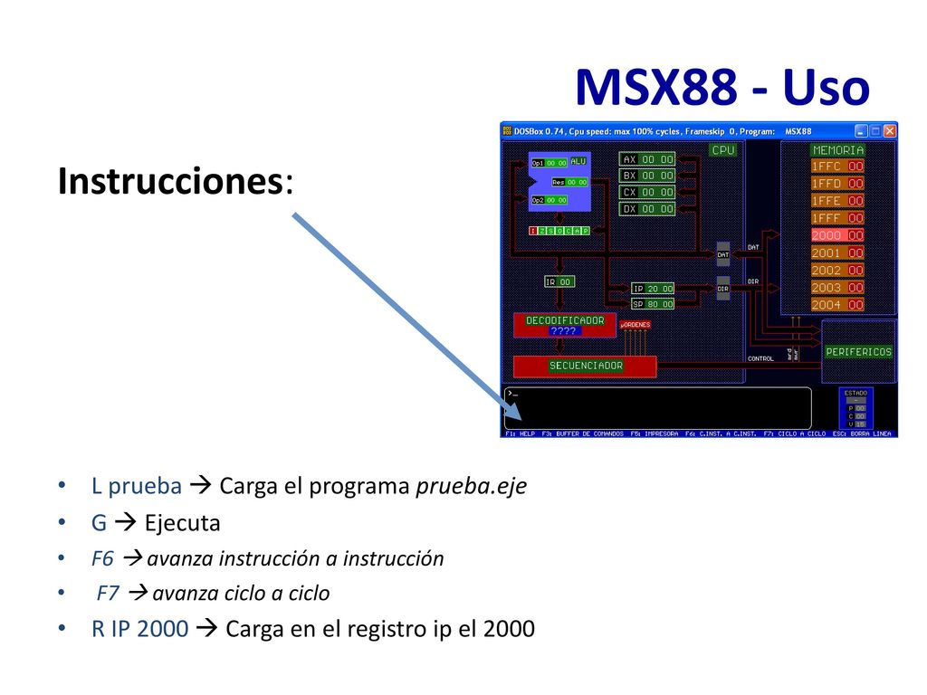 MSX88 - Uso Instrucciones: L prueba  Carga el programa prueba.eje