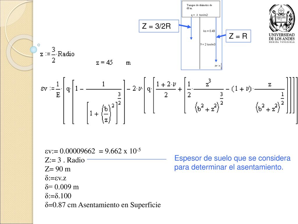 Z = 3/2R Z = R. εv:= = x Z:= 3 . Radio. Z= 90 m. δ:=εv.z. δ= m. δ:=δ.100.