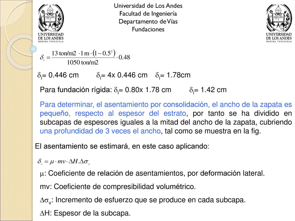 Para fundación rígida: i= 0.80x 1.78 cm i= 1.42 cm