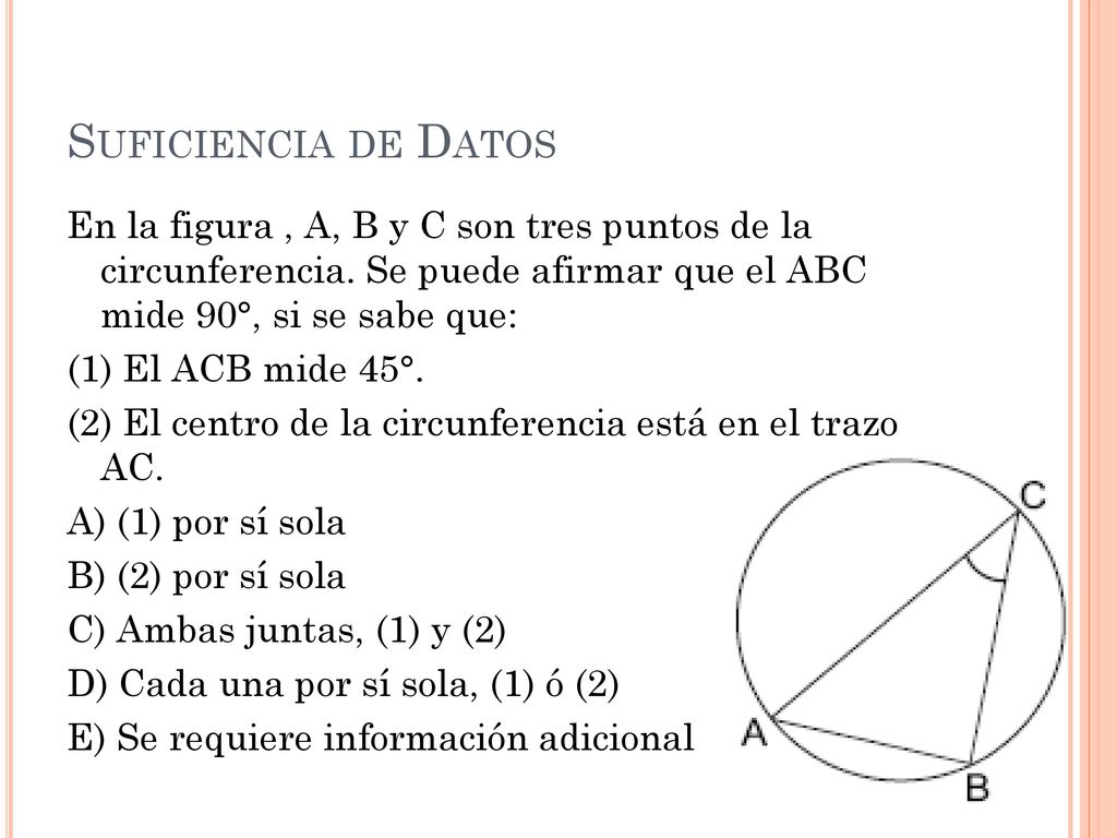 Suficiencia de Datos En la figura , A, B y C son tres puntos de la circunferencia. Se puede afirmar que el ABC mide 90°, si se sabe que:
