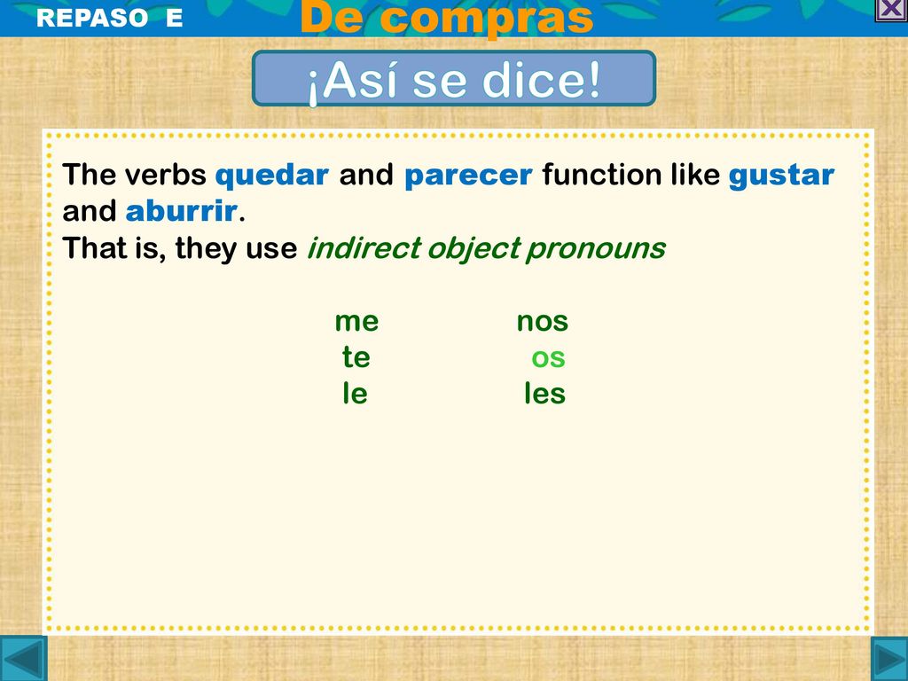 De compras REPASO E. ¡Así se dice! The verbs quedar and parecer function like gustar and aburrir.