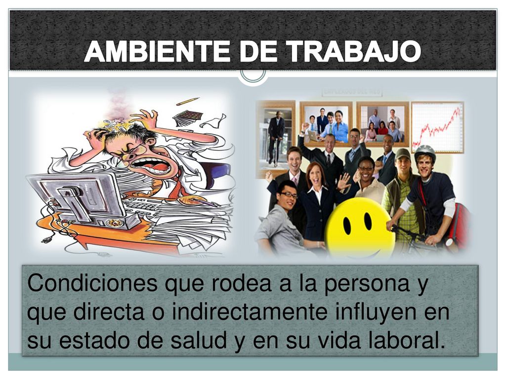 AMBIENTE DE TRABAJO Condiciones que rodea a la persona y que directa o indirectamente influyen en su estado de salud y en su vida laboral.
