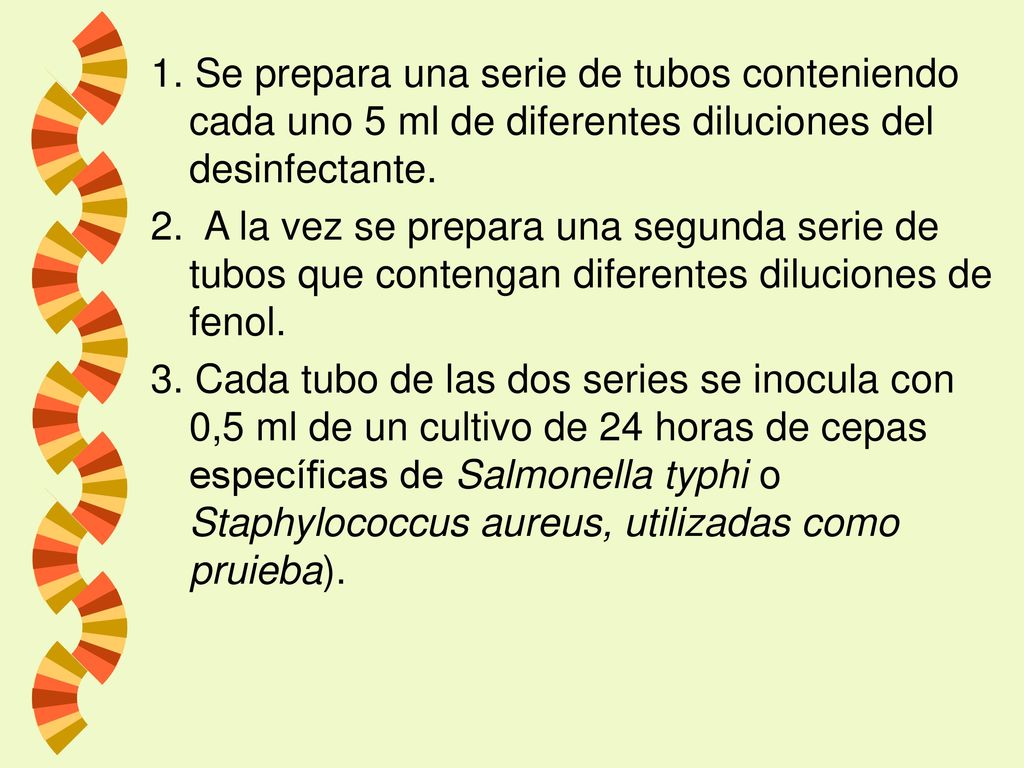 1. Se prepara una serie de tubos conteniendo cada uno 5 ml de diferentes diluciones del desinfectante.