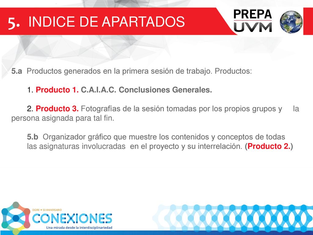 5. INDICE DE APARTADOS 5.a Productos generados en la primera sesión de trabajo. Productos: 1. Producto 1. C.A.I.A.C. Conclusiones Generales.