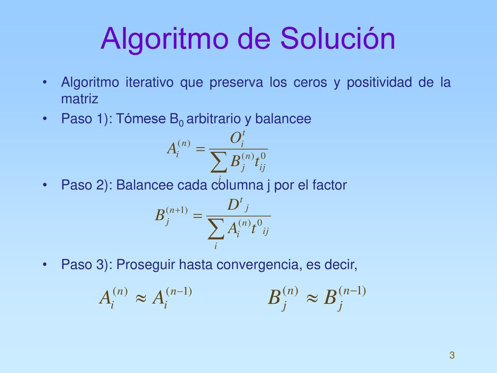 Algoritmo de Solución Algoritmo iterativo que preserva los ceros y positividad de la matriz. Paso 1): Tómese B0 arbitrario y balancee.