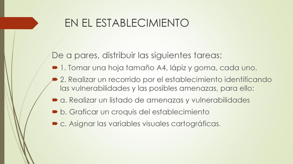 EN EL ESTABLECIMIENTO De a pares, distribuir las siguientes tareas: