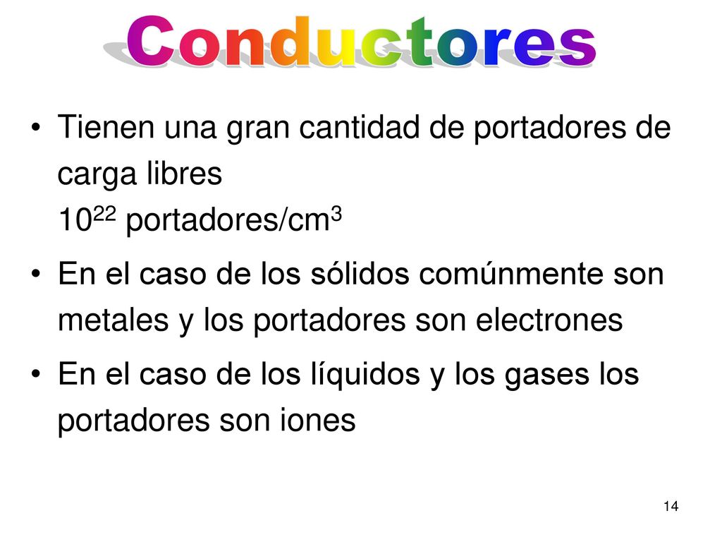 Conductores Tienen una gran cantidad de portadores de carga libres 1022 portadores/cm3.