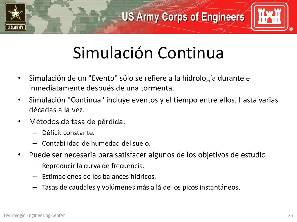 Simulación Continua Simulación de un Evento sólo se refiere a la hidrología durante e inmediatamente después de una tormenta.