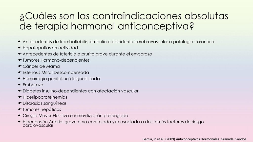 ¿Cuáles son las contraindicaciones absolutas de terapia hormonal anticonceptiva