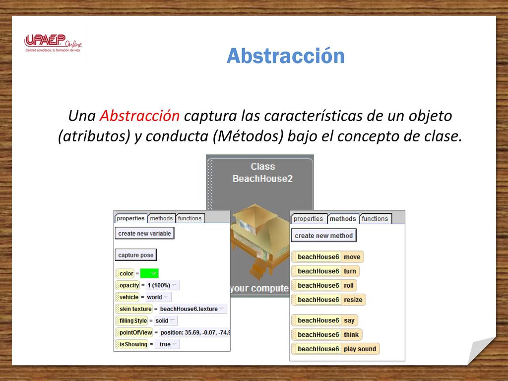 Abstracción Una Abstracción captura las características de un objeto (atributos) y conducta (Métodos) bajo el concepto de clase.