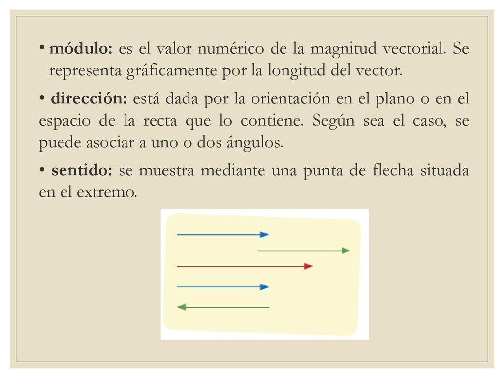 módulo: es el valor numérico de la magnitud vectorial