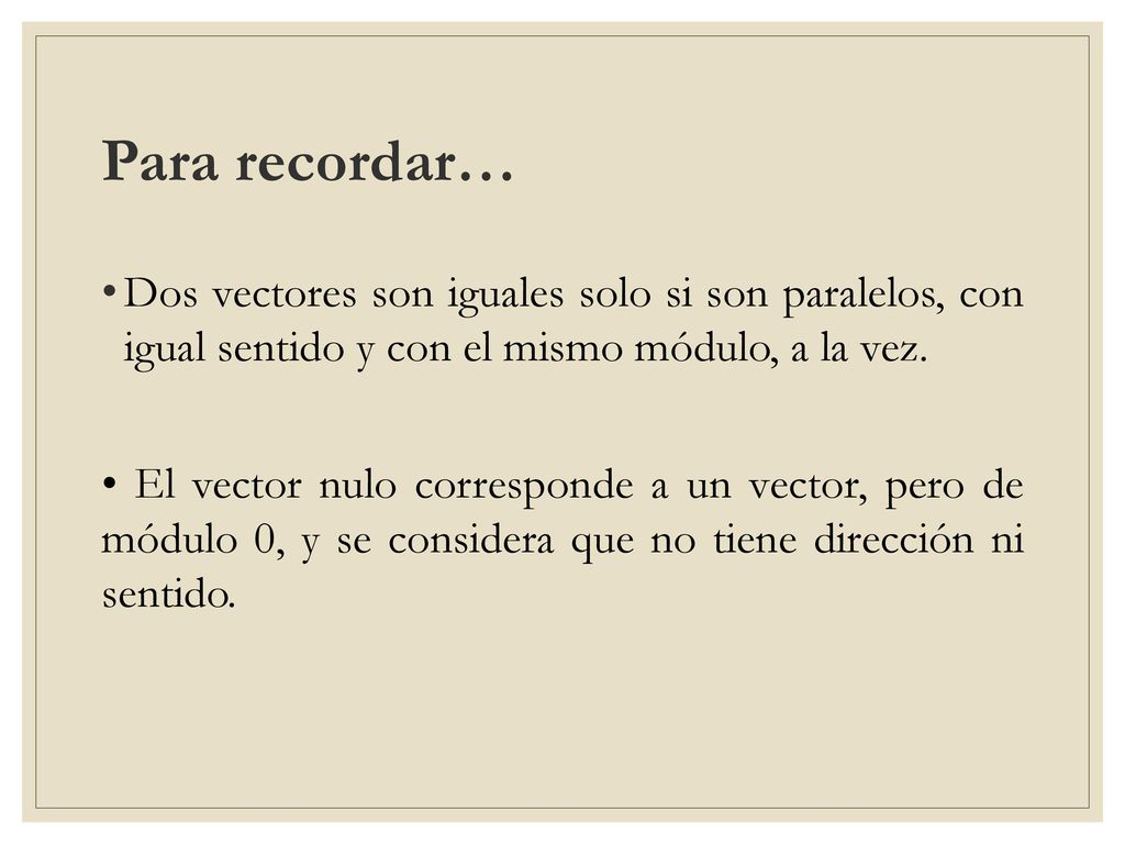 Para recordar… Dos vectores son iguales solo si son paralelos, con igual sentido y con el mismo módulo, a la vez.