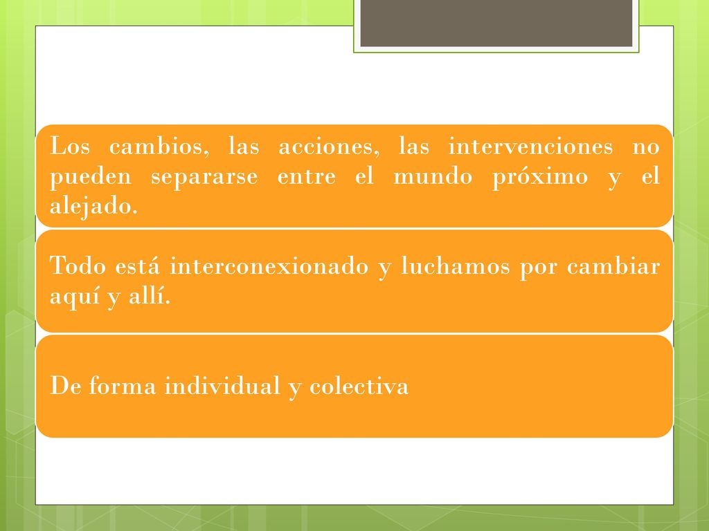 OBJETIVOS Los cambios, las acciones, las intervenciones no pueden separarse entre el mundo próximo y el alejado.
