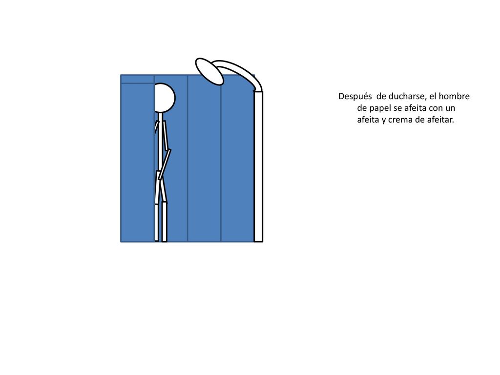 Después de ducharse, el hombre de papel se afeita con un afeita y crema de afeitar.