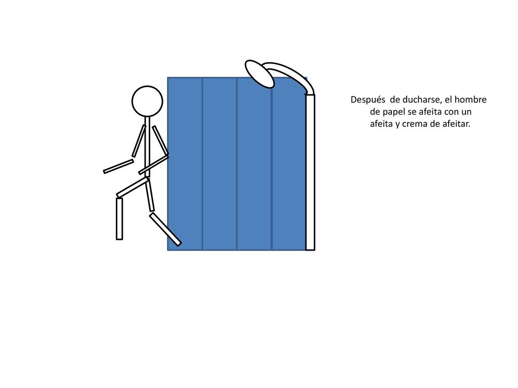 Después de ducharse, el hombre de papel se afeita con un afeita y crema de afeitar.