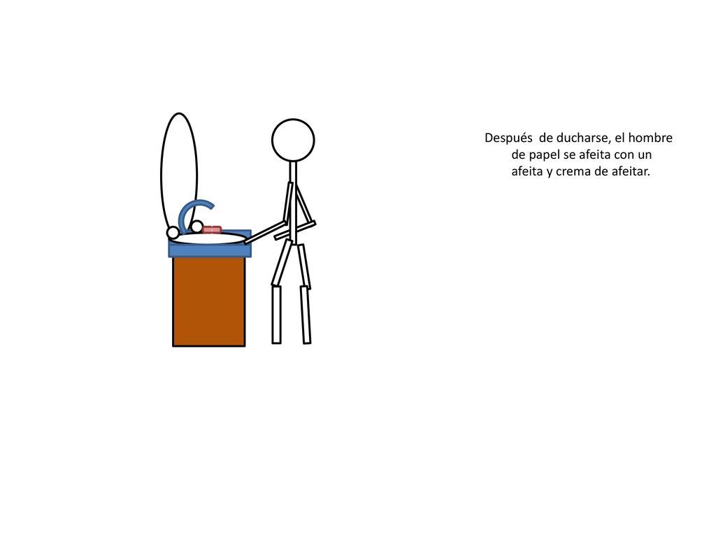 Después de ducharse, el hombre de papel se afeita con un afeita y crema de afeitar.