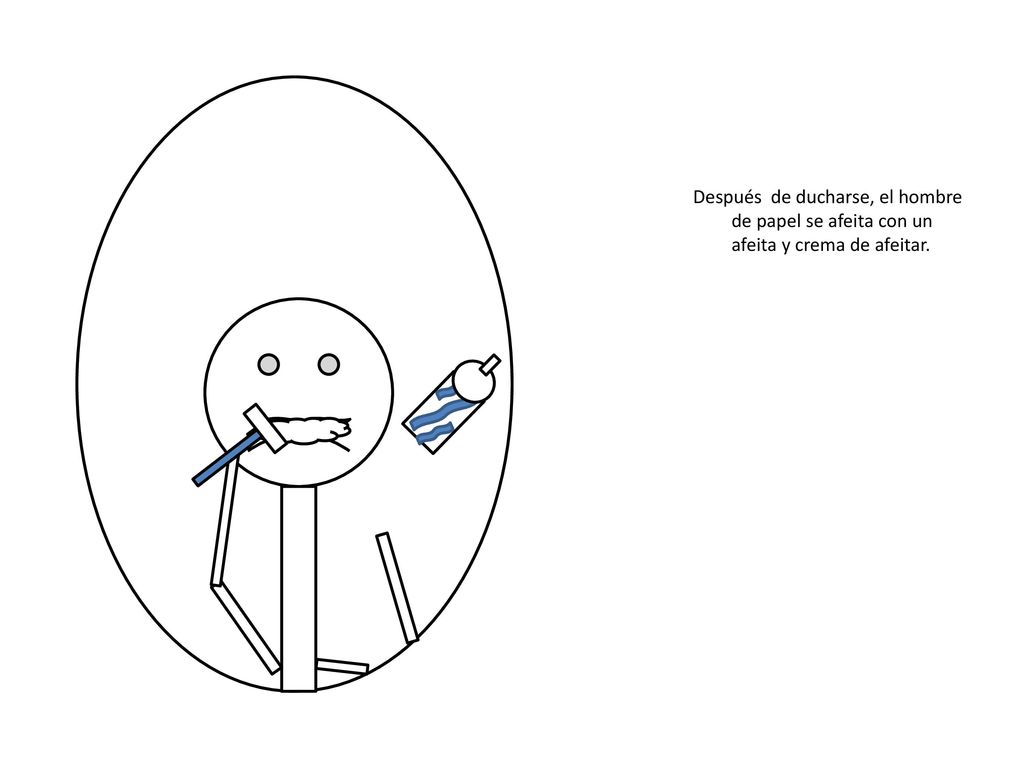 Después de ducharse, el hombre de papel se afeita con un afeita y crema de afeitar.