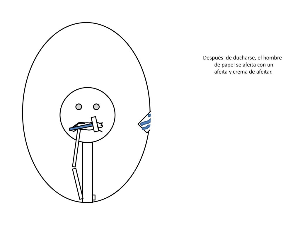 Después de ducharse, el hombre de papel se afeita con un afeita y crema de afeitar.