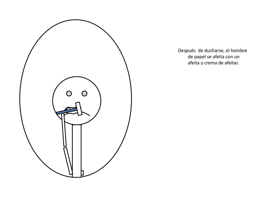 Después de ducharse, el hombre de papel se afeita con un afeita y crema de afeitar.