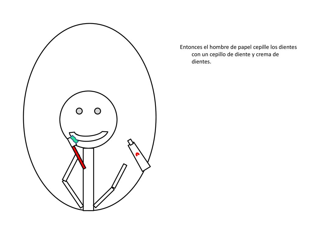 Entonces el hombre de papel cepille los dientes con un cepillo de diente y crema de dientes.