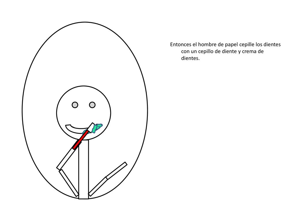 Entonces el hombre de papel cepille los dientes con un cepillo de diente y crema de dientes.