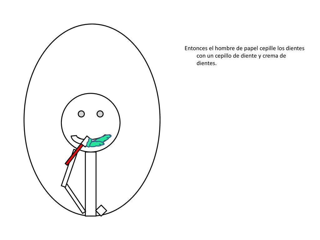 Entonces el hombre de papel cepille los dientes con un cepillo de diente y crema de dientes.