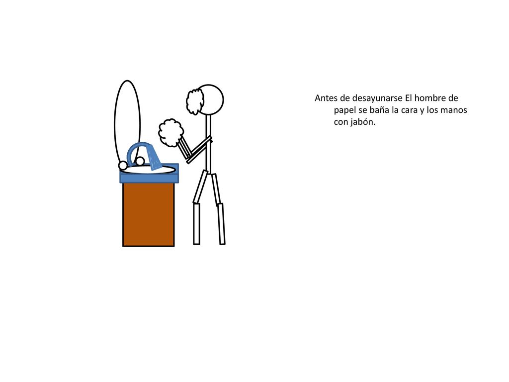 Antes de desayunarse El hombre de papel se baña la cara y los manos con jabón.