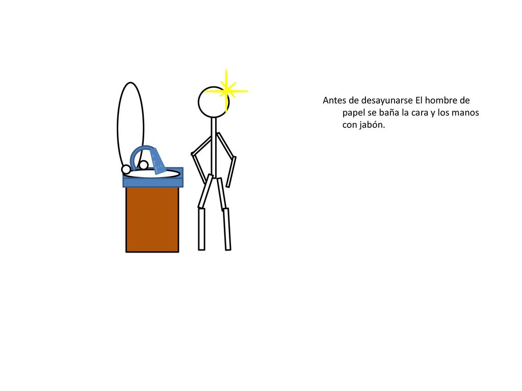 Antes de desayunarse El hombre de papel se baña la cara y los manos con jabón.