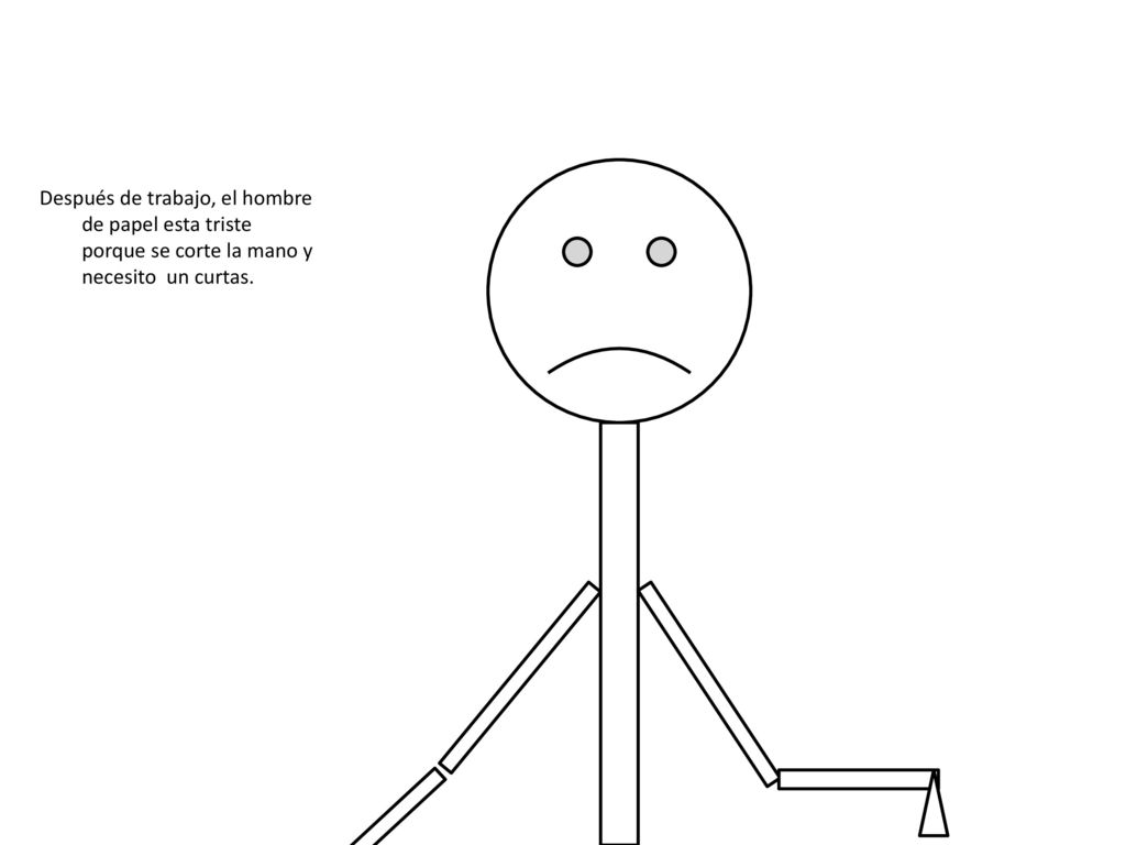 Después de trabajo, el hombre de papel esta triste porque se corte la mano y necesito un curtas.