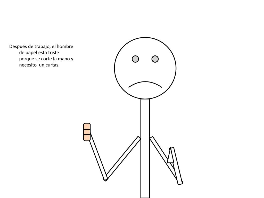 Después de trabajo, el hombre de papel esta triste porque se corte la mano y necesito un curtas.