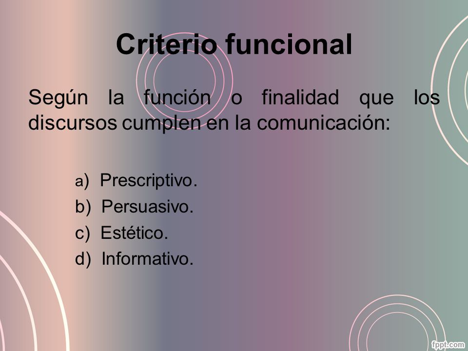 Criterio funcional Según la función o finalidad que los discursos cumplen en la comunicación: a) Prescriptivo.