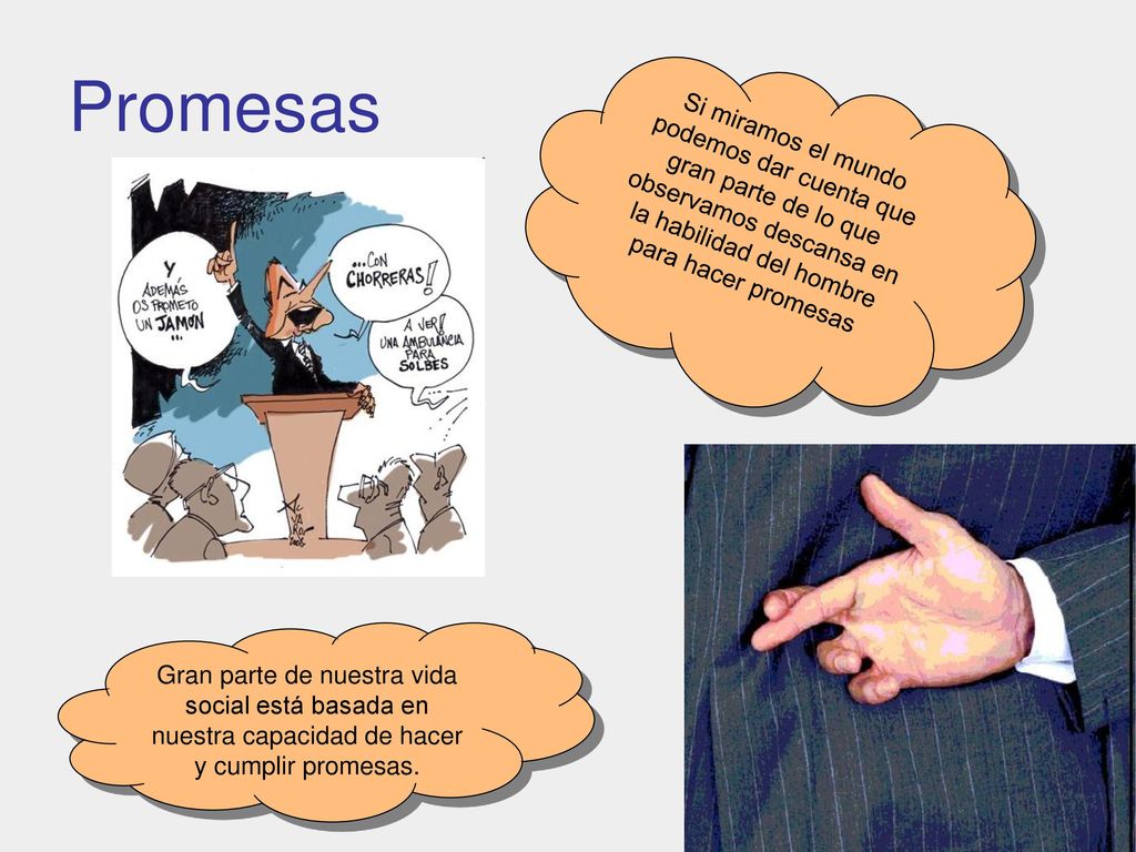 Promesas Si miramos el mundo podemos dar cuenta que gran parte de lo que observamos descansa en la habilidad del hombre para hacer promesas.