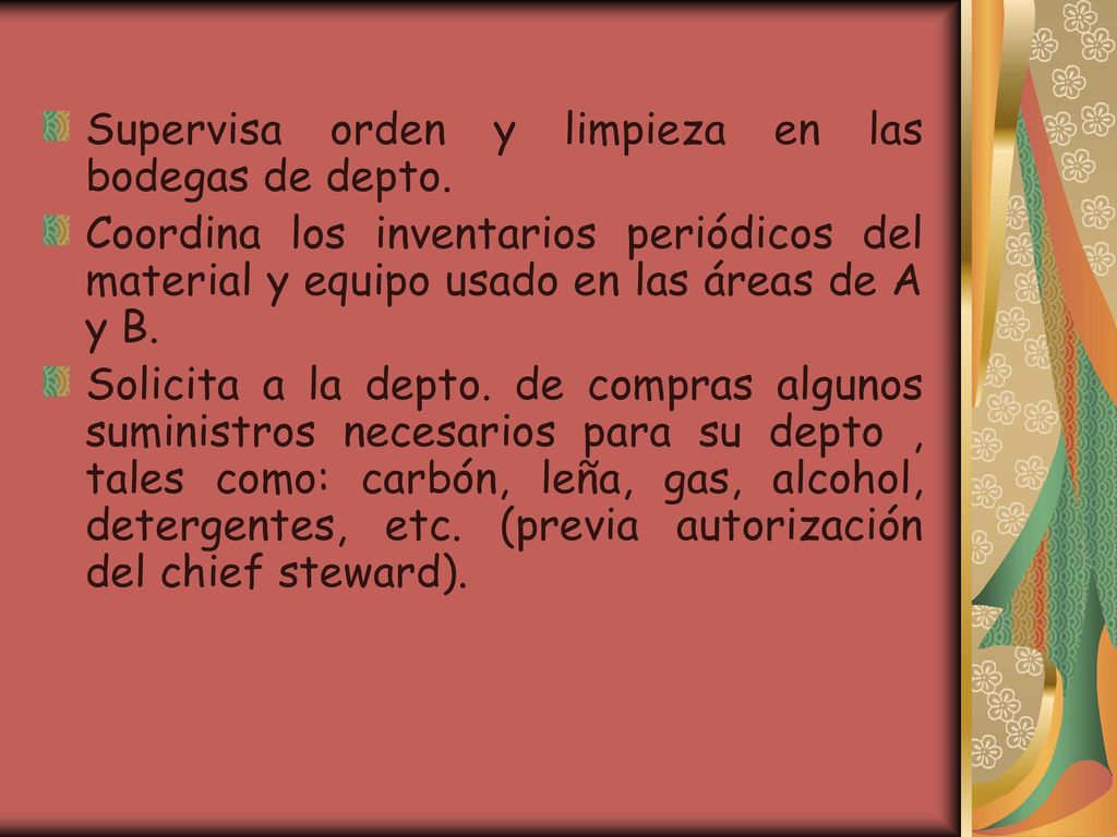 Supervisa orden y limpieza en las bodegas de depto.