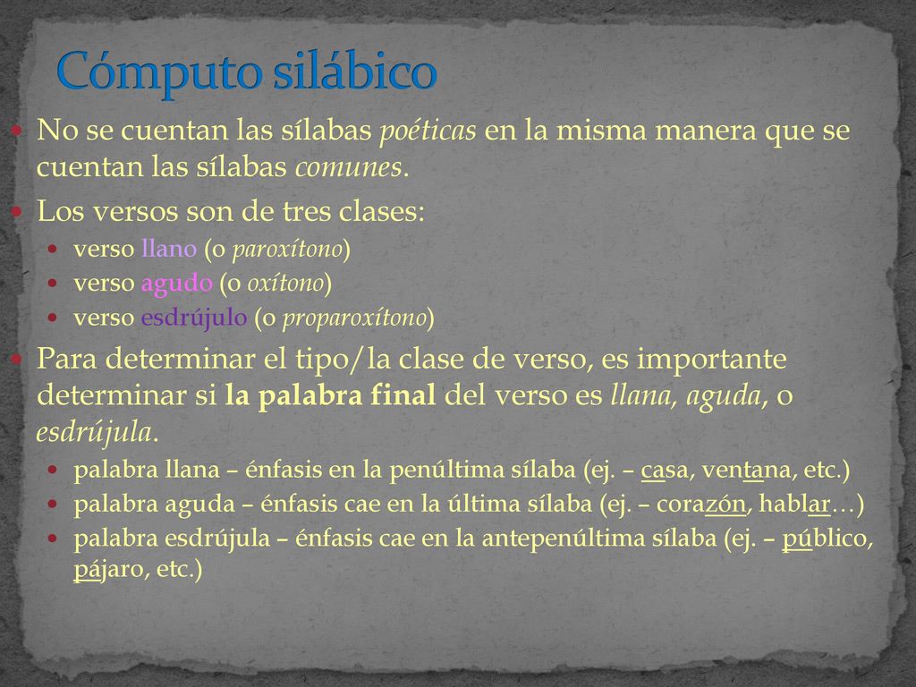Cómputo silábico No se cuentan las sílabas poéticas en la misma manera que se cuentan las sílabas comunes.
