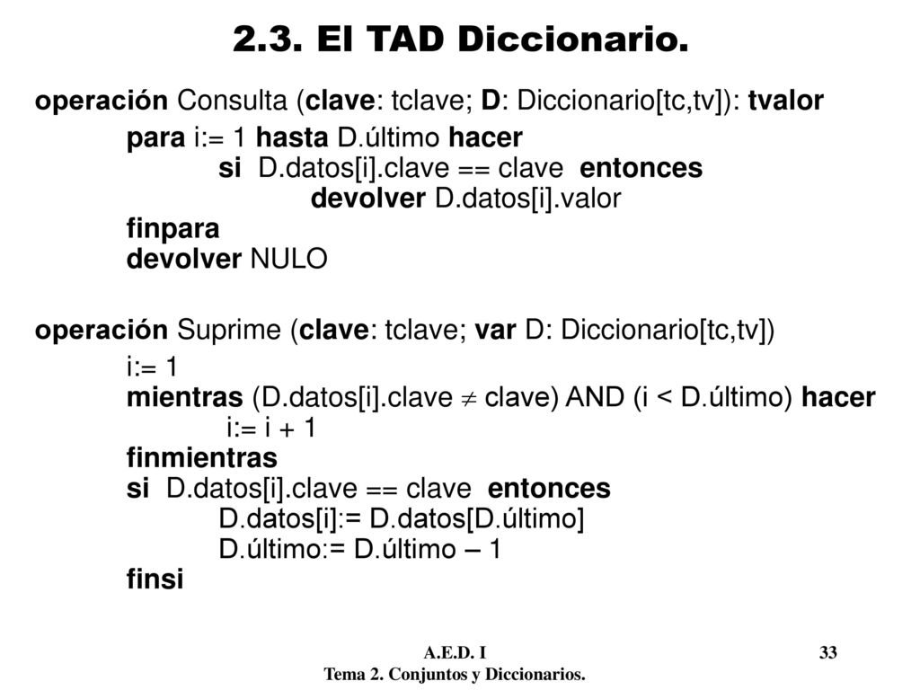 2.3. El TAD Diccionario. operación Consulta (clave: tclave; D: Diccionario[tc,tv]): tvalor. para i:= 1 hasta D.último hacer.