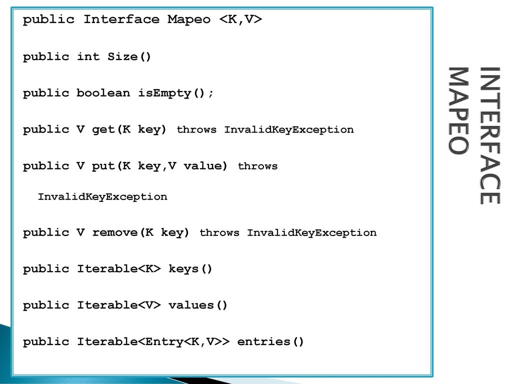 INTERFACE MAPEO public Interface Mapeo <K,V> public int Size()