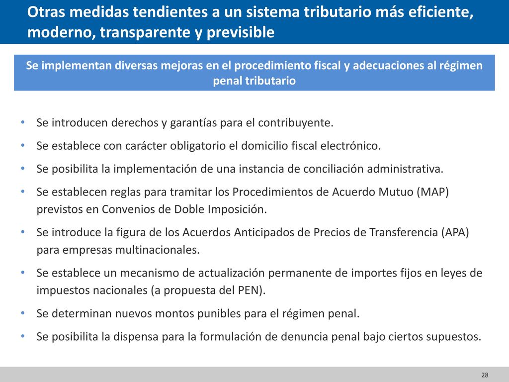 Otras medidas tendientes a un sistema tributario más eficiente, moderno, transparente y previsible