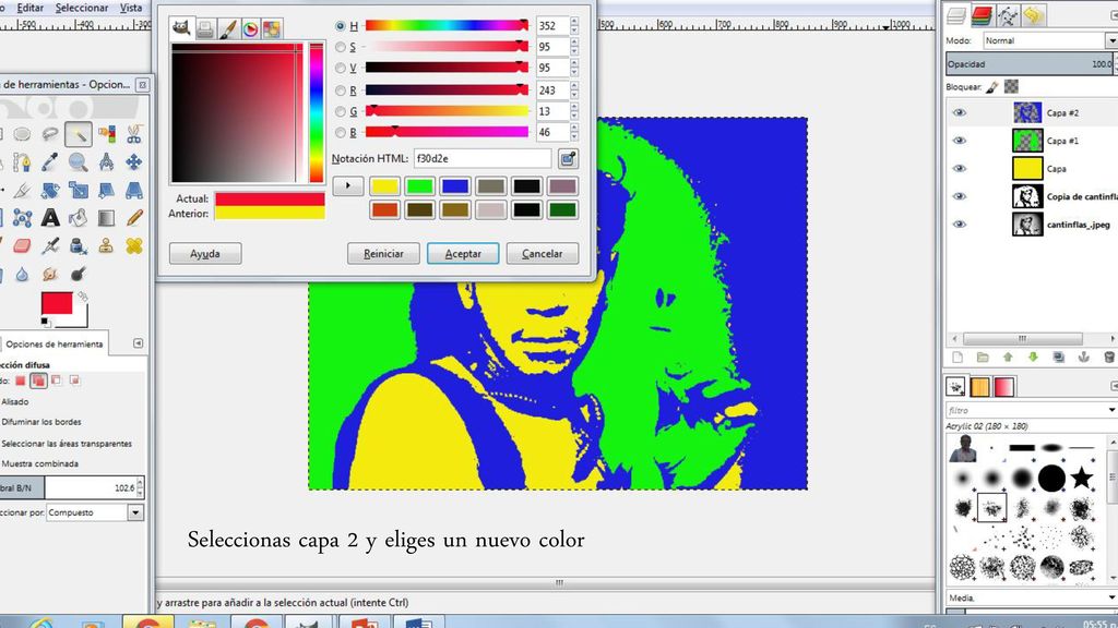 Seleccionas capa 2 y eliges un nuevo color