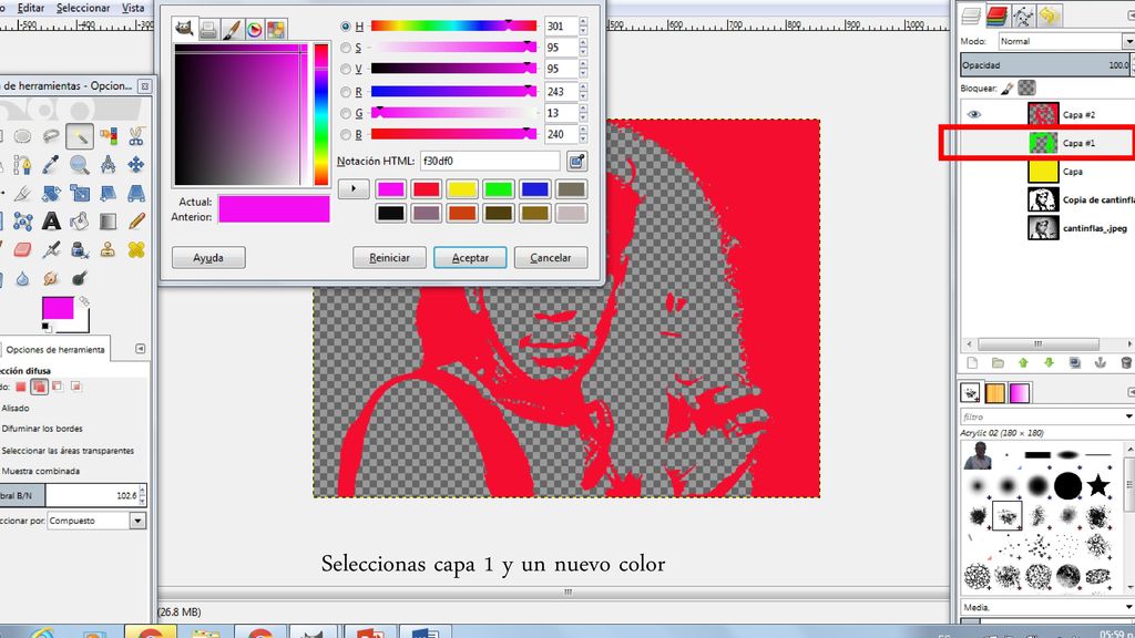 Seleccionas capa 1 y un nuevo color